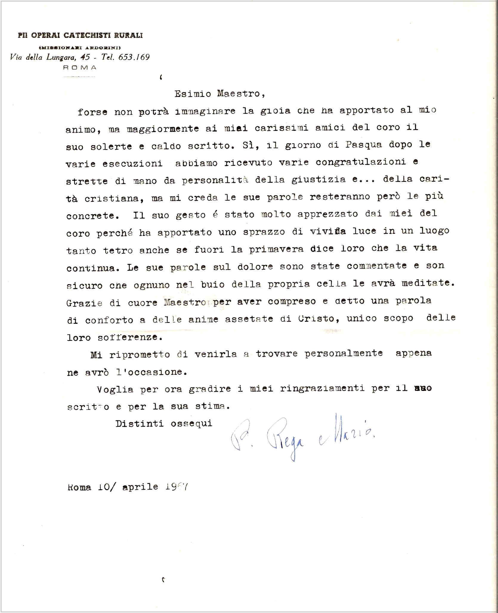 Pasqua 1967 - Lettera M del Coro di Regina Coeli