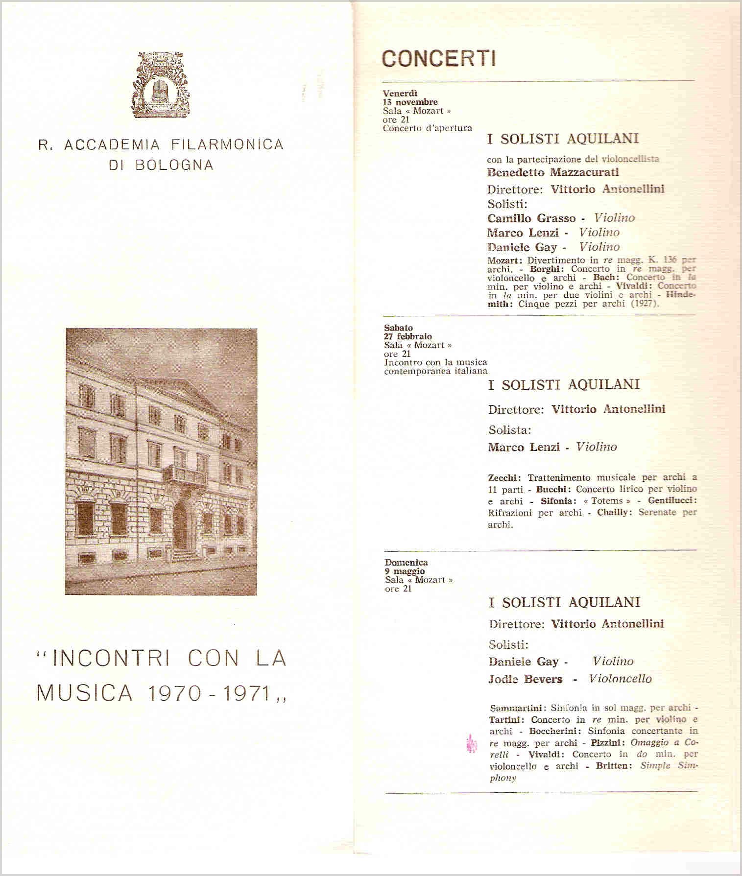 Concerto dei Solisti Aquilani a Bologna il 9 Maggio 1971