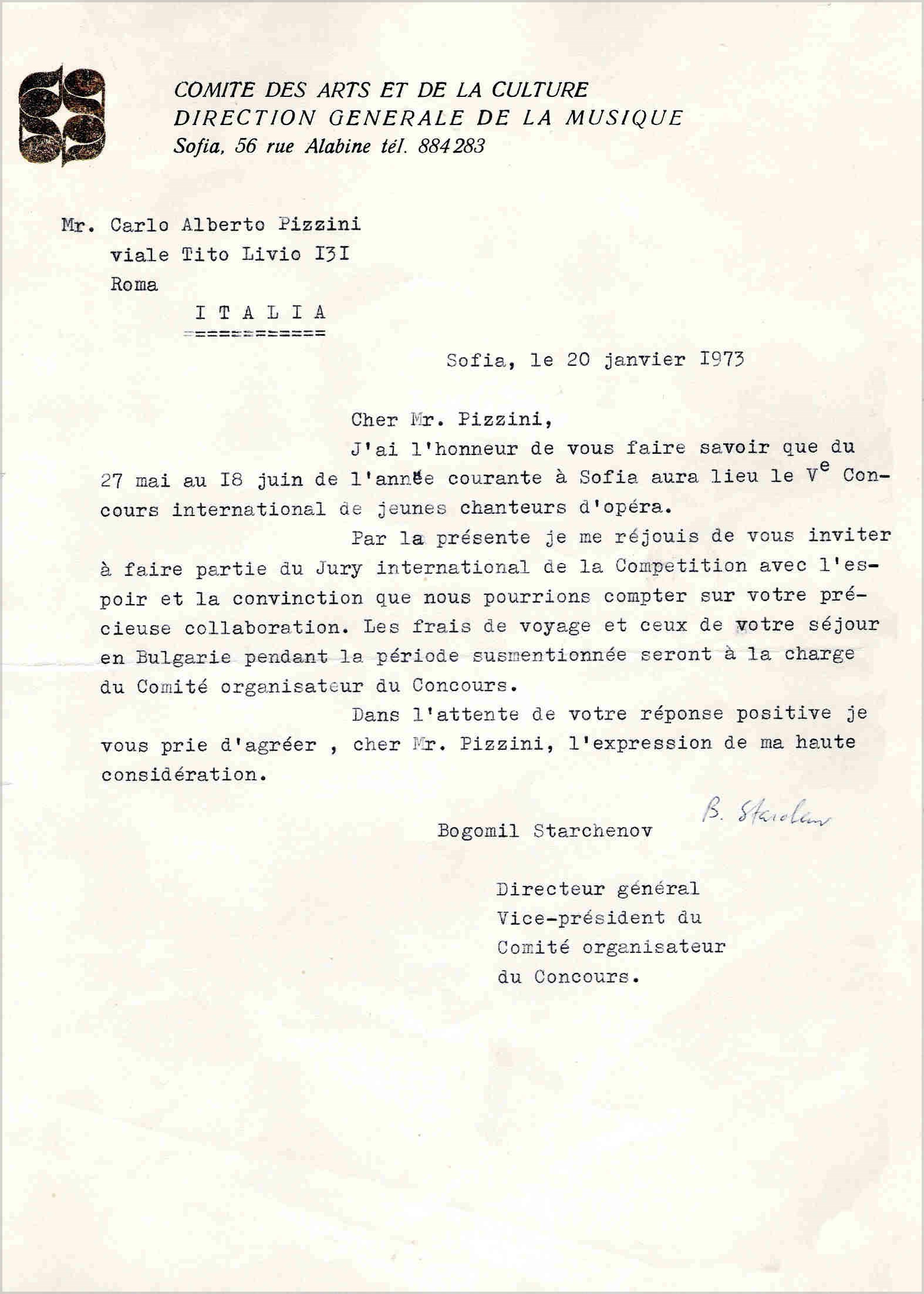 Invito al Concorso di Sofia (20 Gennaio 1973)