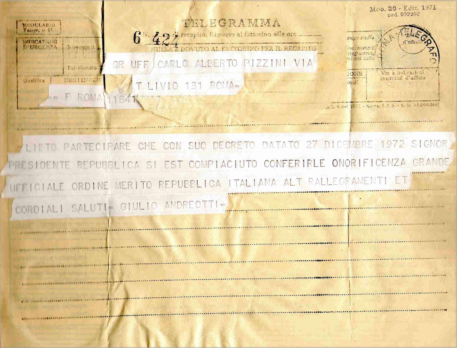 Telegramma di Giulio Andreotti (27 Dicembre 1972)