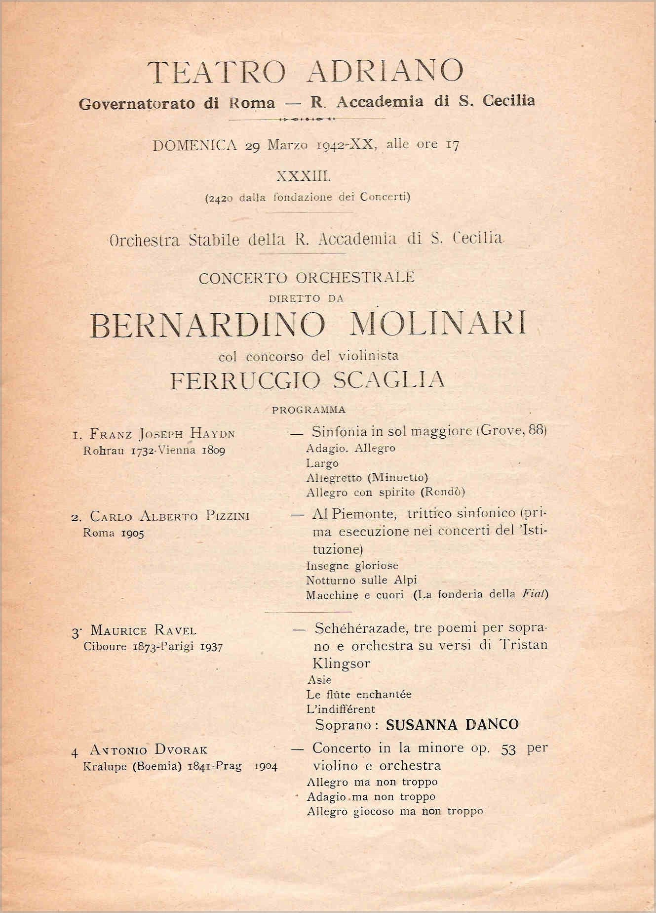 Concerto diretto da Bernardino Molinari a Roma il 29 Marzo 1942
