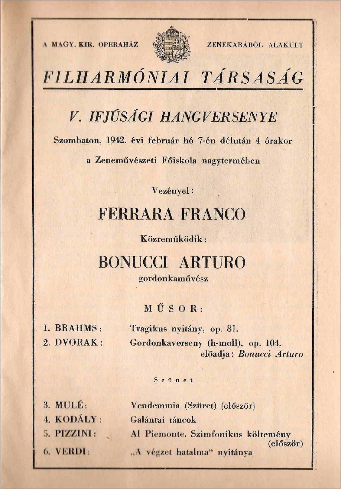 Concerto diretto da Franco Ferrara a Budapest il 7 Febbraio 1942