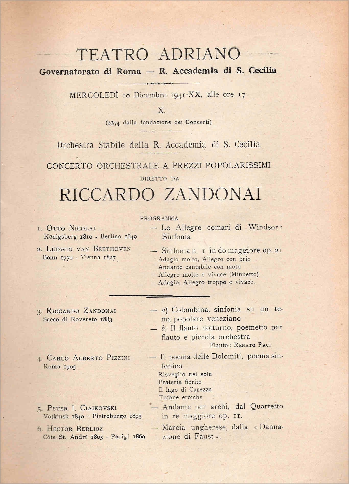 Concerto diretto da R.Zandonai a Roma il 10 Dicembre 1941